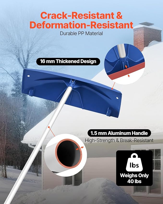 VEVOR Snow Roof Rake, 24 in PP Plastic Blade, 3.8-18.2 ft Adjustable Roof Snow Scraper with Wheels, Anti-Slip Handle Snows Removal Tool, Lightweight House Rooftop Rake for Leaves Debris Removal