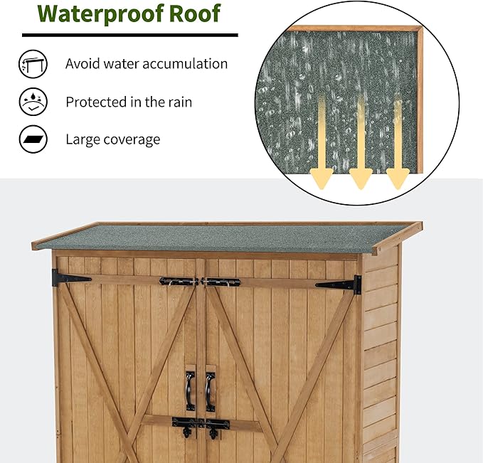MCombo Outdoor Storage Cabinet with Shelves, Wood Garden Shed with Floor, Outside Tool Shed with 2 Lockable Doors for Yard Patio Lawn, 1400 (Natural)
