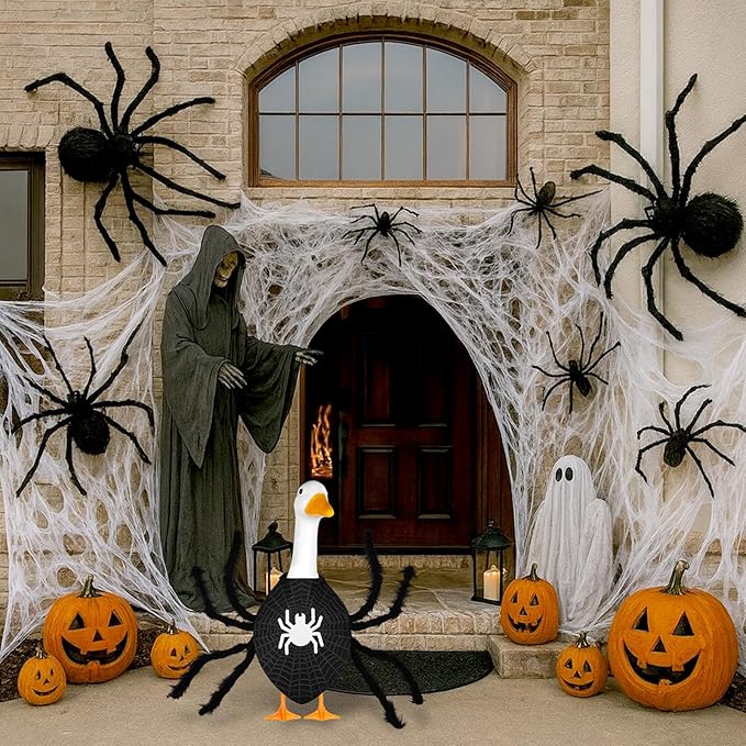 Halloween Spider Porch Goose Outfits 23inch Plastic Cement Goose Statue Costume, Fall Lawn Geese Sculpture Clothes for Garden Yard Patio Party Decoration