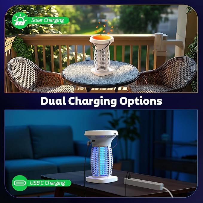 Bug Zapper Outdoor with Solar Panel, Electric Mosquito Zapper Waterproof Rechargeable Wireless for Indoor Outdoor