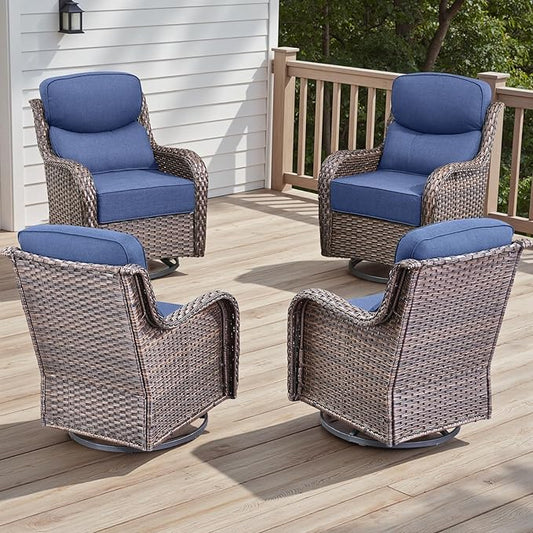4 Piece Outdoor Patio Swivel Rocker Chairs, Waterproof Wicker, High Back, Deep Seating, Wide Armrest, Upgraded 6 inch Thick Cushions, Ideal for Deck Porch Backyard, Brown/Blue