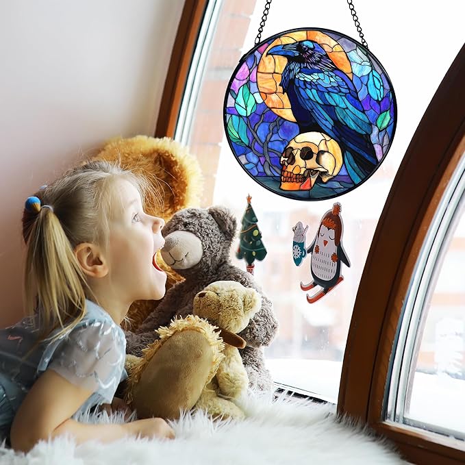 TNUW Black Raven Halloween Stained Glass Window Hanging, Gothic Skull Black Crow Sun Catchers Indoor Window Glass Round Wall Art Decor, Halloween Wall Hanging Decorations, 7.9＂x7.9＂
