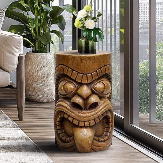 SKYFIRE Outdoor Decorative Sculpture - The Grande Tiki God Kanaloa Teeth Indoor Ornamental Outdoor Table Statues for Garden, Patio, Backyard, Lawn, House, Office Decor -19.6"H Concrete Stool End Table