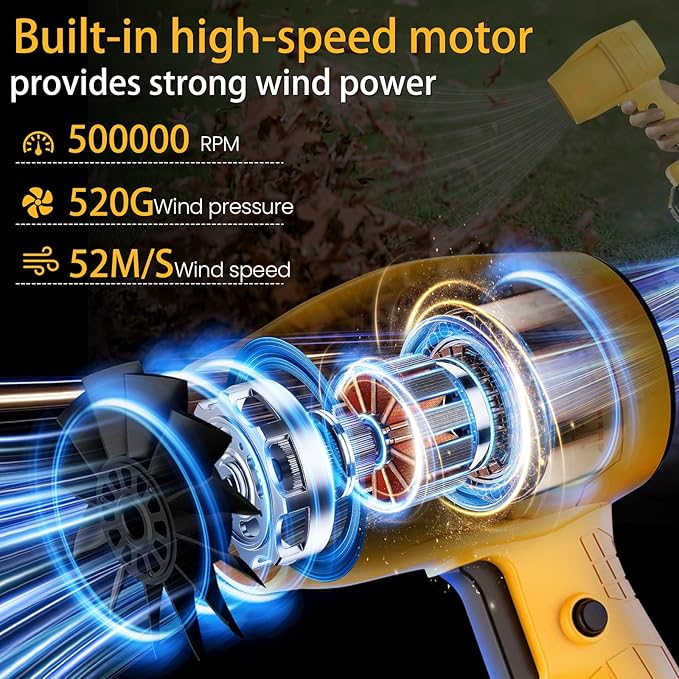 Handheld Electric Cordless Leaf Blower – 500,000RPM Mini Turbo Jet Blower with 2×4.0Ah Batteries & Charger, Lightweight for Patio, Lawn, Garage Cleaning (Yellow)