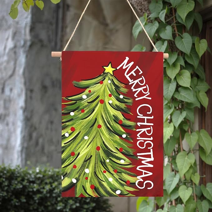 Merry Christma Garden Flag Xmas Tree Yard Flag Winter Wall Banners Red Green Trees Double Sided Vertical House Banner for Rustic Farmhouse Seasonal Outdoor Decoration 28 x 40 Inch