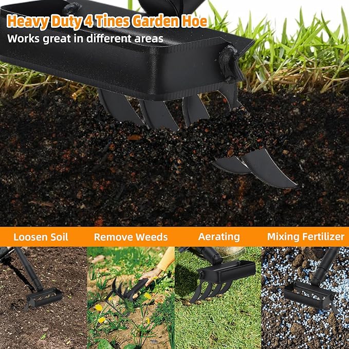 Action Stirrup Hoe Garden Tool Weed Puller with Adjustable Long Handle, Heavy Duty Hula Hoe and 4 Tines Rake 2 in 1 Gardening Tools Garden Cultivator for Weeding Soil Loosening, Black