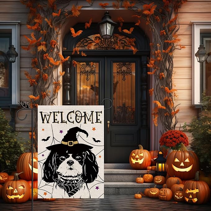 Halloween Garden Flag Shih Tzu Cobweb Bats Double Sided Vertical Welcome Flag Seasonal Holiday Outdoor Yard Lawn Party Decorations 12.5 x 18 Inch