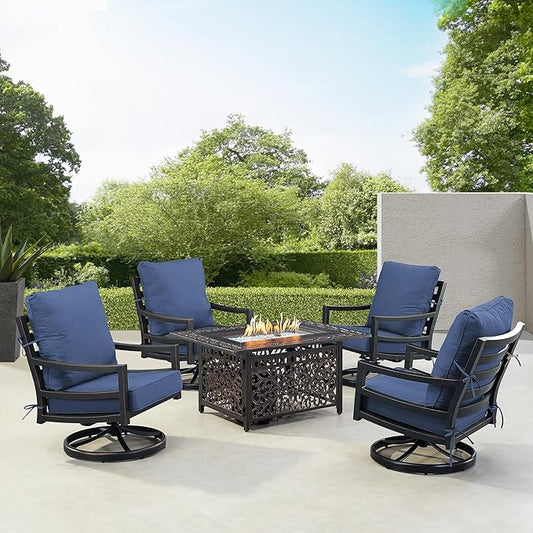 Oakland Living Black Aluminum Patio Fire Table Set with Four Club Chairs with Blue Cushions