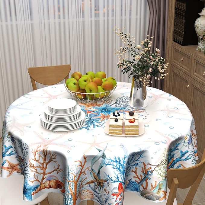 Giwawa Coral Starfishes Round Tablecloth 60 Inch, Nautical Ocean Coastal Animal Undersea Beach Marine Colorful Washable Table Cover for Home Kitchen Dining Party Indoor and Outdoor Decor