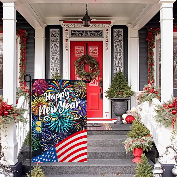 Happy New Year Garden Flag New Year Eve Yard Flags Double Sided American Flag Fireworks House Banner Balloon Holiday Celebration Party Garden Flags for Winter Festival Greetting 12x18 Inch