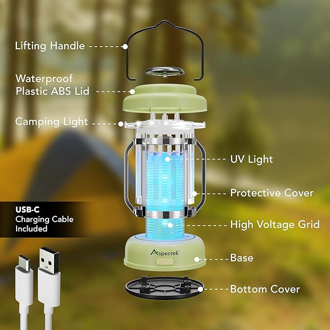 ASPECTEK Waterproof Bug Zapper Lantern – Portable Rechargeable Mosquito Zapper and Fly Trap Light, Cordless Electric Insect Killer with Type-C Charging, Indoor/Outdoor Use for Patio, Camping, Garden