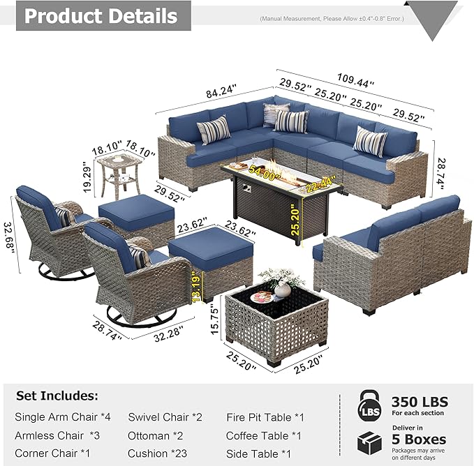 HOOOWOOO Outdoor Sectional Patio Furniture Set with Fire Pit Table,15 Pieces Wicker Conversation Sets L Shaped Couch,Extra Deep Out Door Sofa Outside Furniture with Swivel Chairs Ottoman,Denim Blue