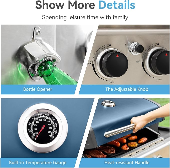 GREEN PARTY 4 Burner BBQ Propane Gas Grill with Side Burner & Porcelain-Enameled Cast Iron Grates, 545 SQIN Grilling Area 42,000 BTUs Barbecue Grill for Outdoor Cooking Garden Patio Backyard, Blue