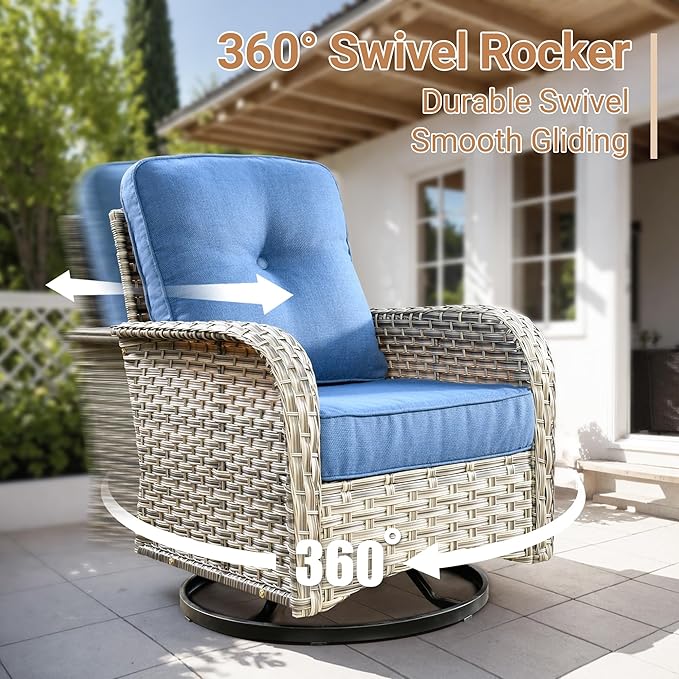 HOOOWOOO Outdoor Patio Furniture Set with Fire Pit Table,9 Pieces Wicker Out Door Sectional Furniture L Shaped Couch,Outside Patio Conversation Sets Swivel Chair,Blue