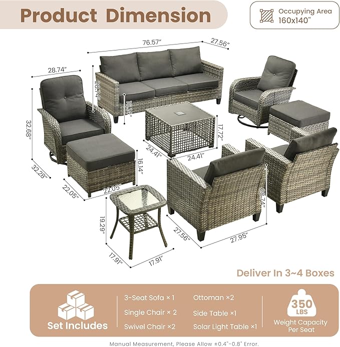 HOOOWOOO Outdoor Patio Furniture Set,9 Pieces Wicker Conversation Set,All Weather Couch Set with Swivel Chairs Solar Light Table Ottoman 9 Seaters for Out Door Yard(Black)