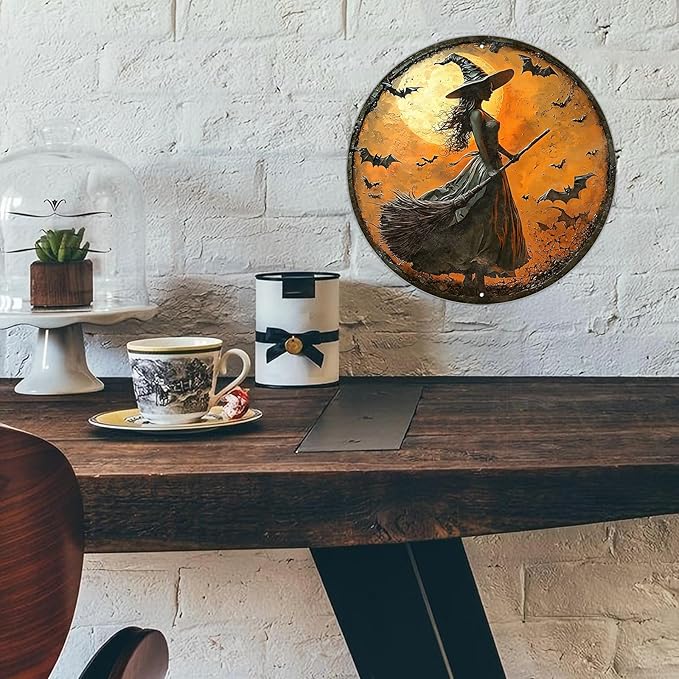 PEACHGARDEN Round 2D Halloween Witch Vintage Sign Halloween Witch Broom Metal Tin Sign for Home Bar Kitchen Hotel Dining Room Coffee 12x12inch