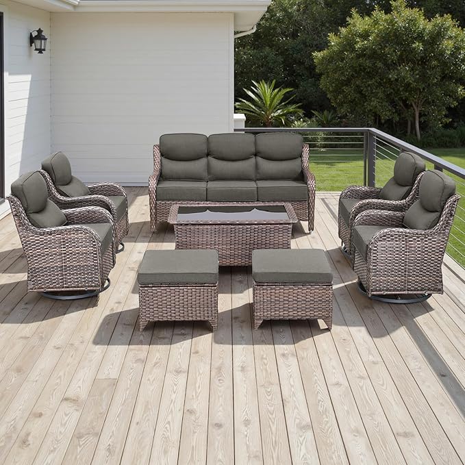 Wicker Outdoor Patio Furniture Set - 8 Piece Patio Conversation Sets with Swivel Rocker Chairs, Ottomans, Sofa and Coffee Table, 6 inch Cushions, Deep Seating, for Porch Deck Brown/Grey