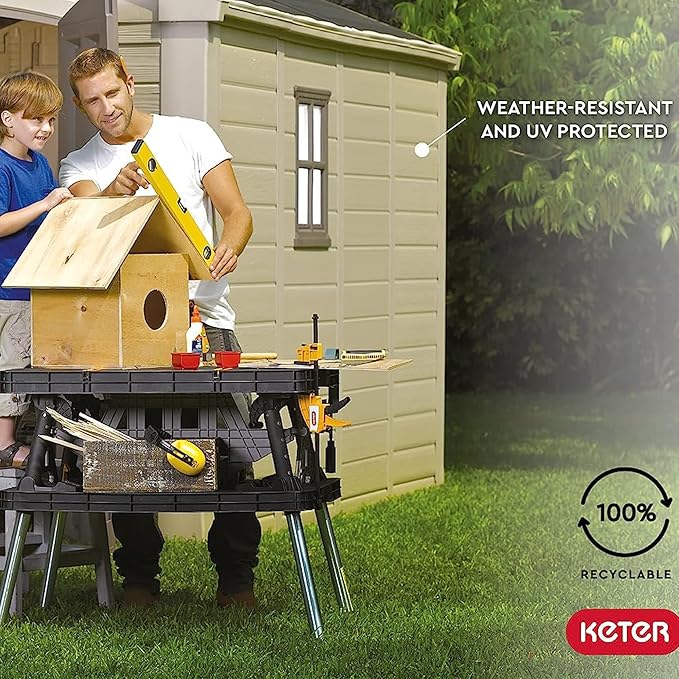 Keter Factor 8 x 11 Foot All Weather Resin Outdoor Storage Shed with 2 Shelves Included and Built-in Ventilation for Backyard Organization, Taupe