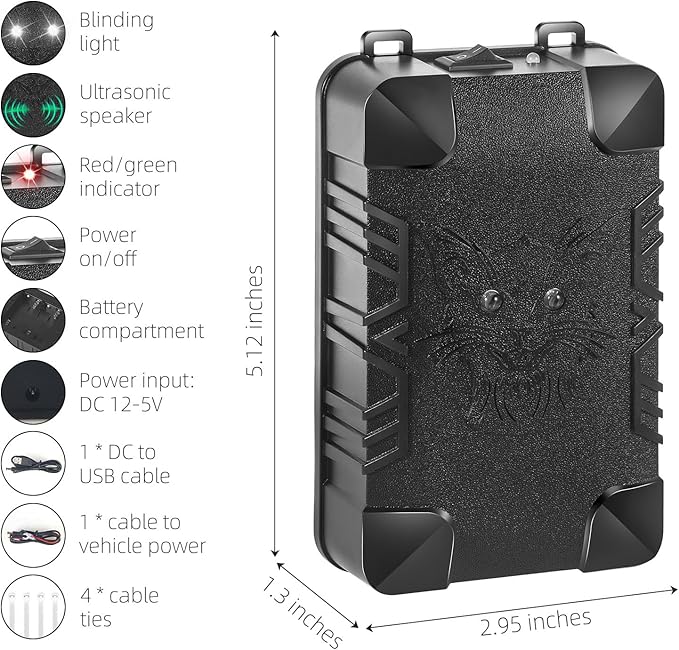2 Pcs Under Hood Rodent Repeller with Strobe Light & 3 Power Supply Methods, Professional Ultrasonic Mouse Repellent Rat Squirrel Deterrent for 12V Cars Trucks RV Engine Bay Warehouse Attic