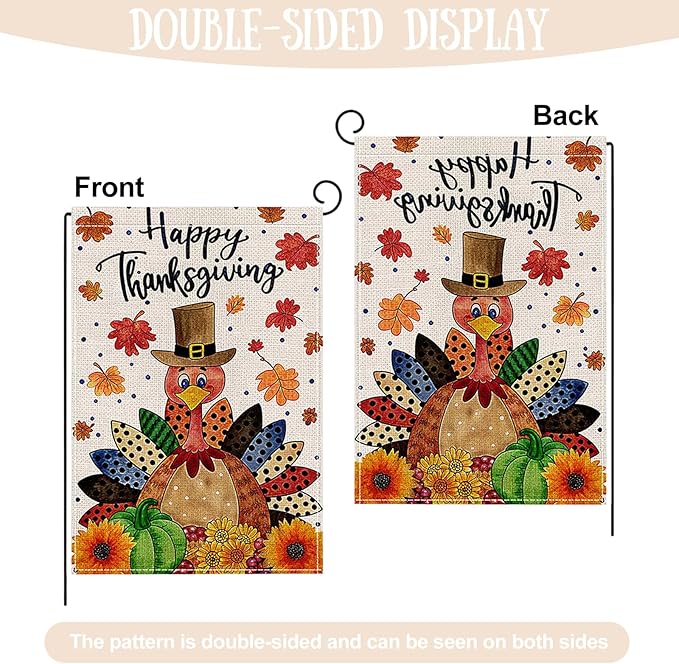 Fall Garden Flag 12 x 18 Inch Double Thanksgiving Sided Cute Turkey Maple Leaves Sunflower Designs Autumn Burlap Yard Flag for Outside Rustic Yard Outdoor Holiday Home Decoration
