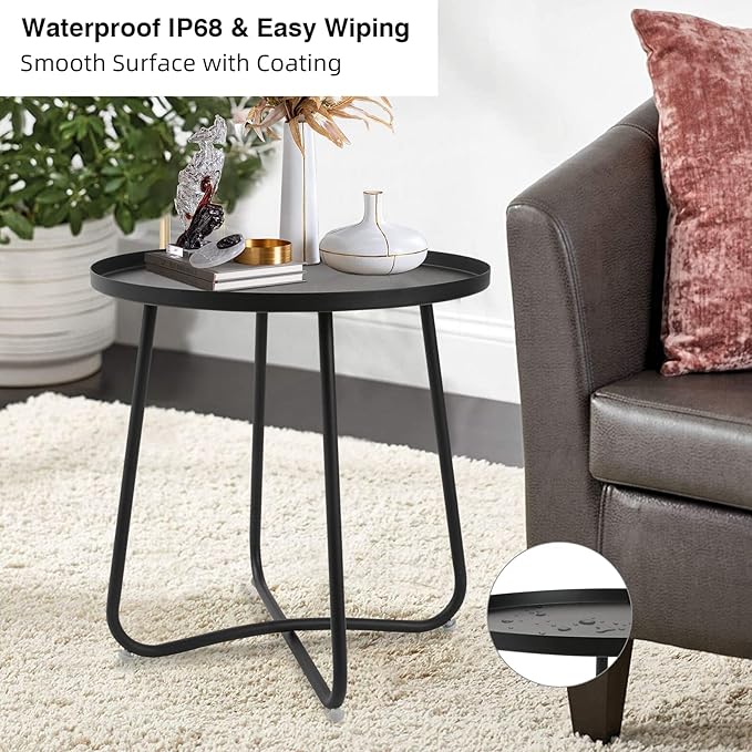 Babion Black Outdoor Side Tables, Small Outdoor Table, Round Patio Side Table Steel, Small Accent End Table for Patio Yard Garden, Indoor & Outdoor