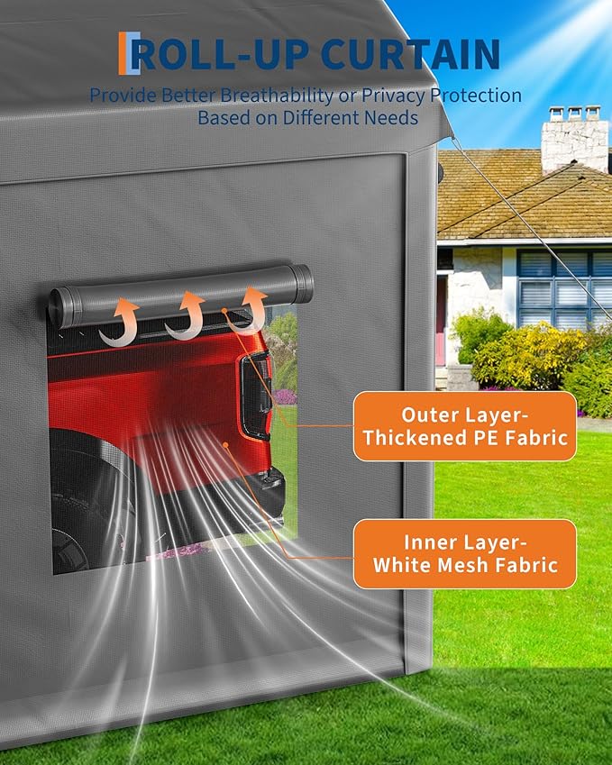 10x20 Ft. Metal Carport Garage with PE Fabric and Galvanized Steel Frame Outdoor Shelter for Cars, Trucks and Boats with 4 Doors and Mesh Windows for Ventilation - Grey