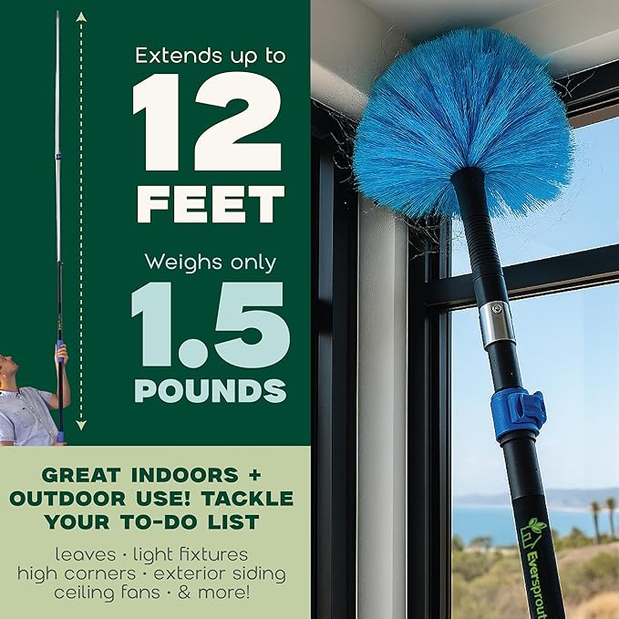 EVERSPROUT 1.5-to-3 Foot Cobweb Duster and Extension-Pole Combo (8-10 Ft Standing Reach, Soft Bristles) | Hand Packaged | Lightweight, 3-Stage Aluminum Pole | Indoor & Outdoor Use Brush Attachment