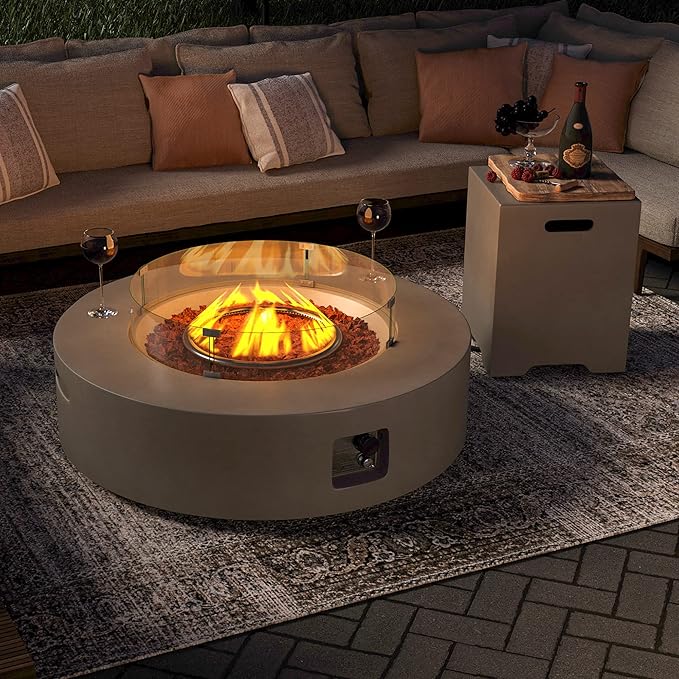 SUNBURY Outdoor Propane Fire Pit, Circular Gray Patio Fire Table 50,000 BTU w 20 Gallon Tank Cover, Glass Wind Guard, Waterproof Cover
