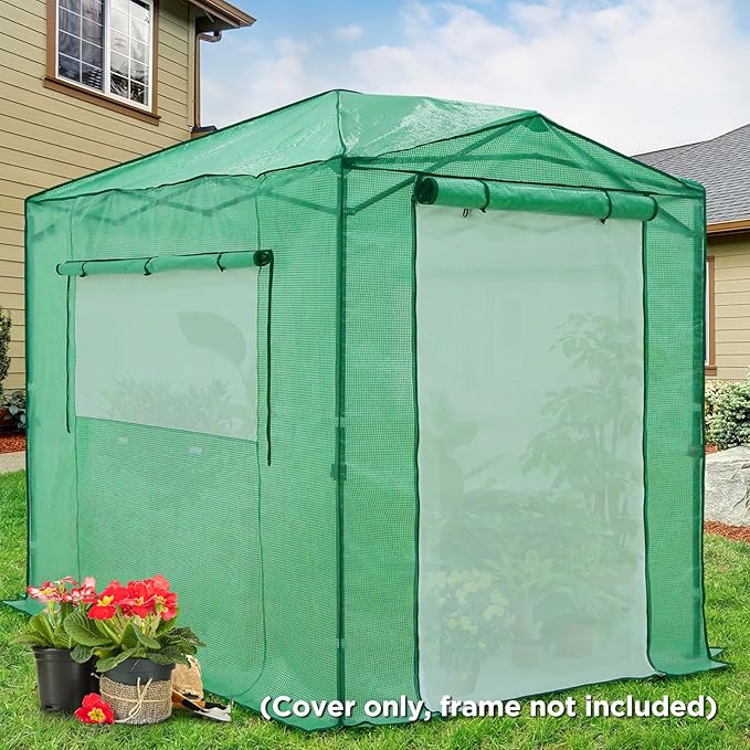 EAGLE PEAK Replacement Cover for 8x6 Portable Pop up Greenhouse, Dual Roll-up Zipper PE Door & Upgraded Screen Mesh Door and 2 Roll-Up Side Windows (Frame Not Included), Green