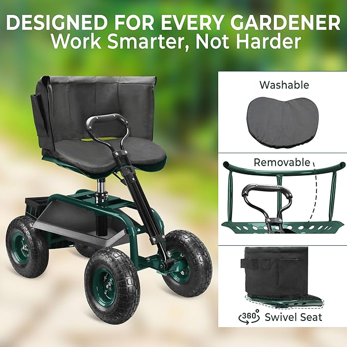 Garden Seat with Wheels – Adjustable 360° Swivel Gardening Stool with Hydraulic Height Adjustment, Ergonomic Backrest, and Tool Storage – Rolling Stool for Garden, Yard, and Outdoor Use