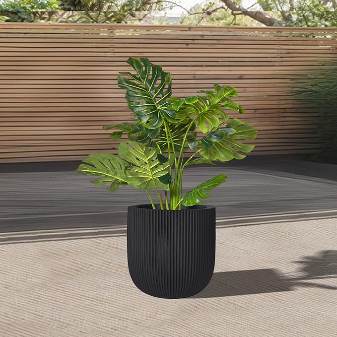 16 Inch Handmade Concrete Outdoor Planter - Classic Striped Design | Fiberglass & Composite Material | Durable for Commercial & Home Decor