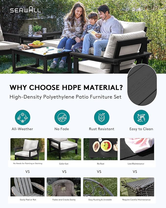 SERWALL HDPE Patio Furniture Set with 15FT Double Side Patio Umbrella, 7-Piece Outdoor Modular Sectional Sofa Set, All Weather Patio Couch Set for Deck, Black & Beige（Umbreall Base not Included）