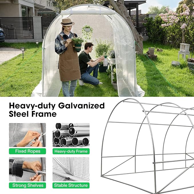 VIVOSUN 10x7x7 Ft. Large Walk in Greenhouse, Greenhouse Tunnel, Garden Plant Hot House with White PE Cover, Roll-up Zipper Door and Window for Outdoor, White