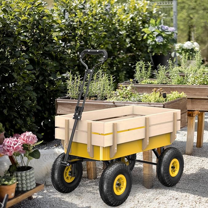VINGLI Steel Garden Wagon Cart on Wheels, 330lb Load Capacity, Removable Heavy Duty Wooden Side Panels, with Extendable Handle and 10inch All-Terrain Tires, Wheelbarrow for Yard Landscaping (Yellow)