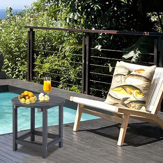 LZRS Round Adirondack Patio Side Table End Table, Outdoor Side Tables for Patio, Backyard,Pool, Indoor Companion, Easy Maintenance & Weather Resistant(Grey)