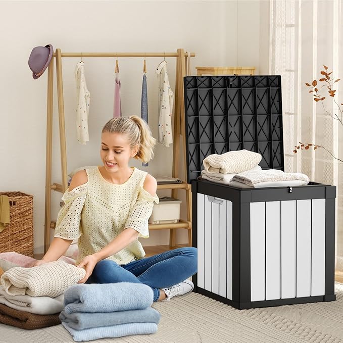 ROJIK 50 Gallon Outdoor Storage Housing Deck Box,Waterproof Patio Furniture, Garden Tools, Cushions, Pool Accessories Storage Bench with Lockable Lid and Side Handles(Black&White)