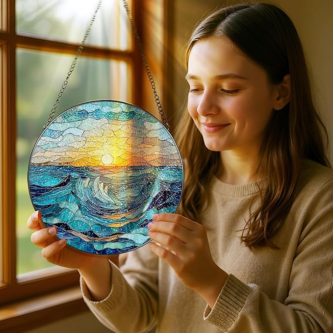 Stained Glass Window Hanging, Pauyadu 8 Inch Beach Stained Glass Suncatcher, Window Decoration Hanging, Sunrise Lover Gift, Natural Gift, Beach Home Decor, Gifts for Family, Friends, Colleagues