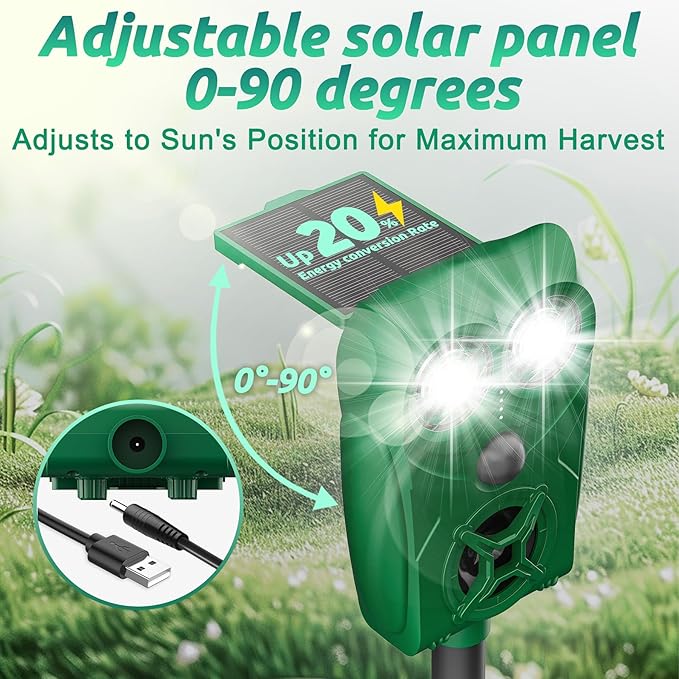 Solar-Powered Ultrasonic Animal Repellent with Motion Sensor, Waterproof Deer Repellent Device with Visual Indicator for Yard, Garden, and Plants, Effective to Repel Deer, Coyotes, Raccoons, and Cats