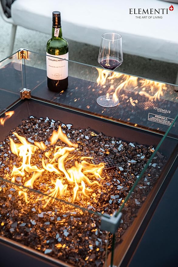 Elementi+ | Bundle Roraima Gas Fire Pit Cast Concrete 40" Square Fire Table, Outdoor Fire Pit Electronic Ignition | Canvas Cover, Fire Glass and Burner Lid Included | Dark Gray | Natural Gas