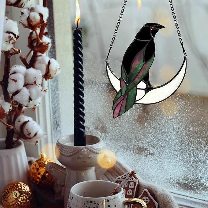 Stained Glass Crow on Moon Decor Window Hangings Ornament, Gothic Raven Suncatcher Halloween Decorations, Handmade Crow Birds Gifts Sun Catchers Indoor Window Home Decor.