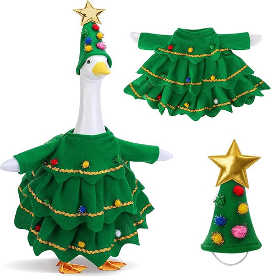 2 Pcs/Set Christmas Tree Porch Goose Outfits, Lawn Goose Statue Xmas Tree Costume, Green Christmas Garden Goose Clothes Dress and Hat for 23" High Statue Xmas Holiday Patio Yard Decor
