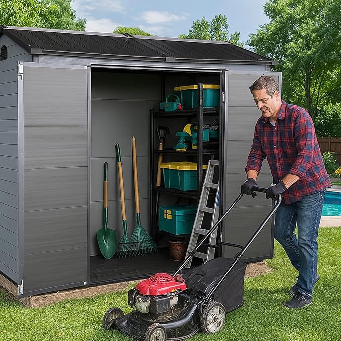 8x4 FT Resin Storage Sheds Outdoor with Floor Included, Plastic Sheds & Outdoor Storage Clearance with 2 Windows and Lockable Door, Backyard Storage Sheds for Garden Tools, Bike, Black+Grey