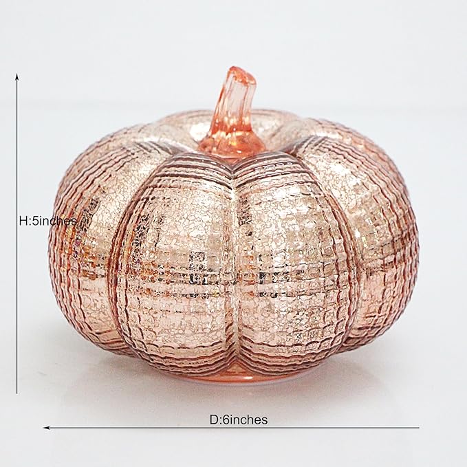 Mercury Glass Pumpkin Lights with Timer, Battery Operated Led Pumpkin Lights for Halloween Fall,Thanksgiving Rustic Decor (Rosegold Grid-Patterned, 5.5")