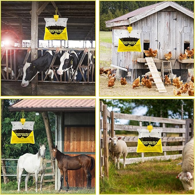 Glovv 10 Pack Disposable Fly Trap Bags Outdoor Hanging, Catcher Hunter with Bait, Stable Horse Ranch Control Repellent Killer for Barn, Farm, Mosquito, Bugs