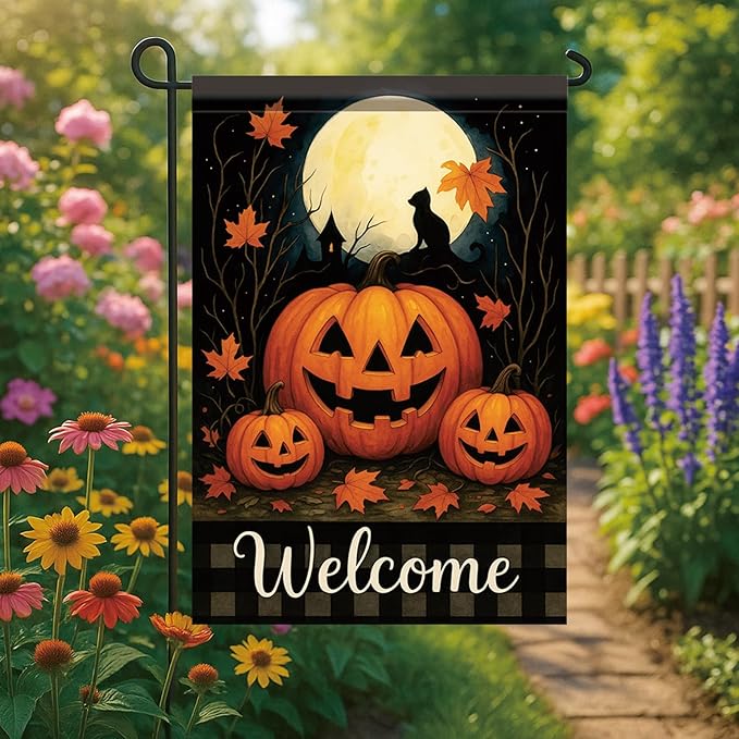 Halloween Garden Flag Pumpkin Cat Full Moon Flag 12x18 Inch Double Sided Outdoor Yard Banner for Trick or Treat Haunted House Fall Halloween Decoration Decor