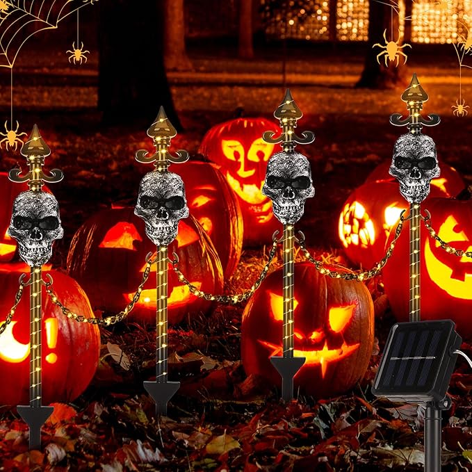13 Set of Halloween Skull Garden Fence with Solar Light Graveyard Decor Light up Halloween Skull Lawn Stakes Pathway Decor with Connecting Chain for Outdoor Holiday Yard Decoration