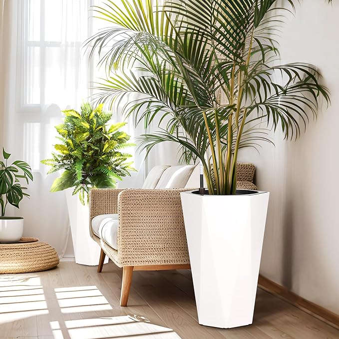 23 Inch Tall Outdoor Planters Set of 2, Self Watering Pots for Indoor Plants with Water Level Monitor & Drainage Hole & Wheels, Large Planter Pots for Garden, Patio, Balcony, White