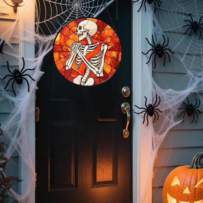 Stained Glass Window Hanging - Halloween Decorations Fear Skeleton Suncatcher for Doors Garden Indoor Spooky Funny Sun Catchers Gothic Decor Horror Gifts for Women Men Friend 7.8 in