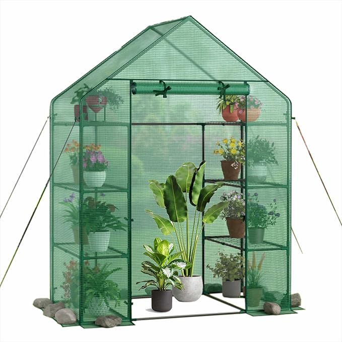 Portable Greenhouse for Outdoors | Walk in Greenhouses Heavy Duty with Durable PE Plant Cover with 4 Tiers of 16 Shelves | Gardening Plant House with Roll-up Zipper Door - 15" L x 6" W x 39" H