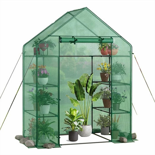Portable Greenhouse for Outdoors | Walk in Greenhouses Heavy Duty with Durable PE Plant Cover with 4 Tiers of 16 Shelves | Gardening Plant House with Roll-up Zipper Door - 15" L x 6" W x 39" H
